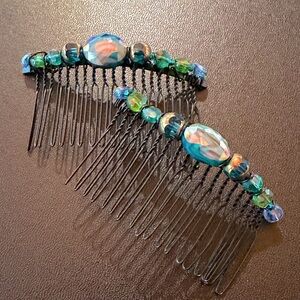 Handmade Beaded Bohemian Hair Comb Teal, Green & Blue Crystal & Glass Jet Black
